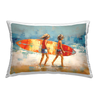 Kids Holding Surfboard Decorative Printed Throw Pillow Design by Petal Prints Design