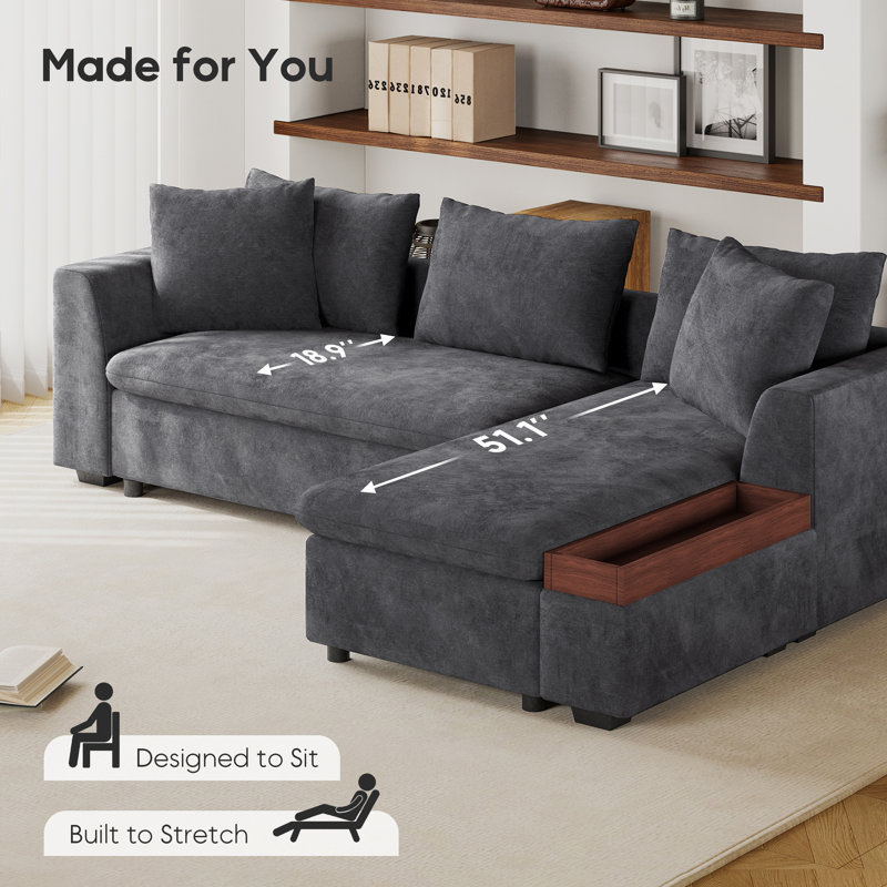 93.7'' L-shaped Chenille Upholstered Sectional Sofa With Left-facing Chaise And Built-in Wooden Storage Compartment