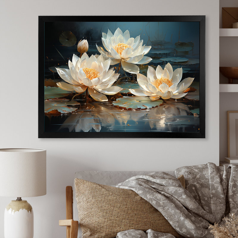 Fleurs de lotus baignées au clair de lune - Art sur toile de lotus, H 30 po x l 40 po x P 1,5 po, Cadre simple noir