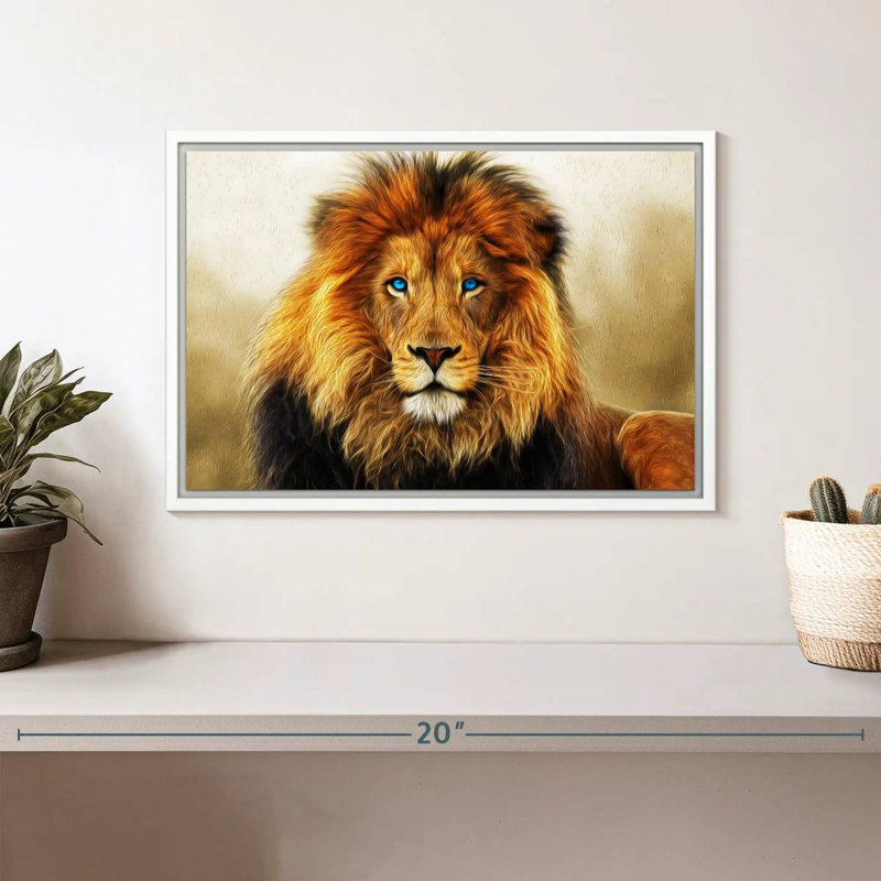 Lion aux yeux bleus, Cadre flottant blanc, 13 po x 9 po