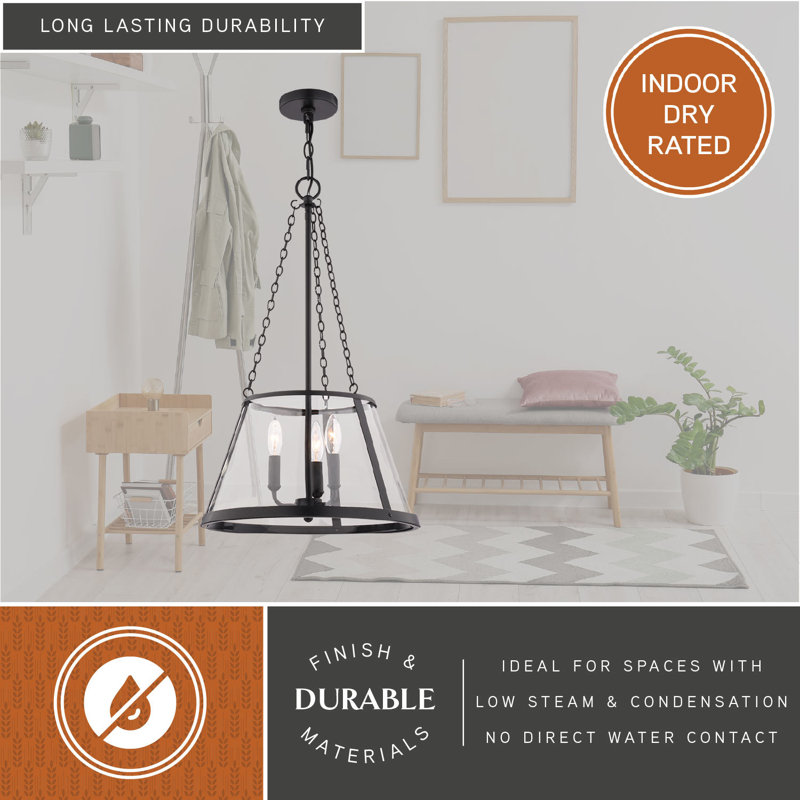 Rochester 3-Light 16.25 In. Wide Matte Black Industrial Cone Pendant With Clear Glass Shade, Adjustable Height, Hanging Ceiling Chandelier Fixture For Dining Table Entryway Bedroom Island Foyer