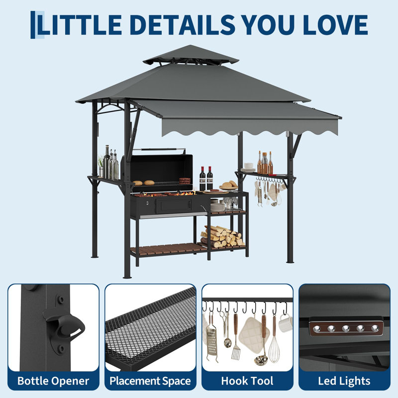 Heavy Duty Steel Grill Gazebo 8' x 5' with Double-Tier Roof, 7' x 3' Extra Awning, Shelves, Outdoor BBQ Canopy for Patio Backyard, Grey
