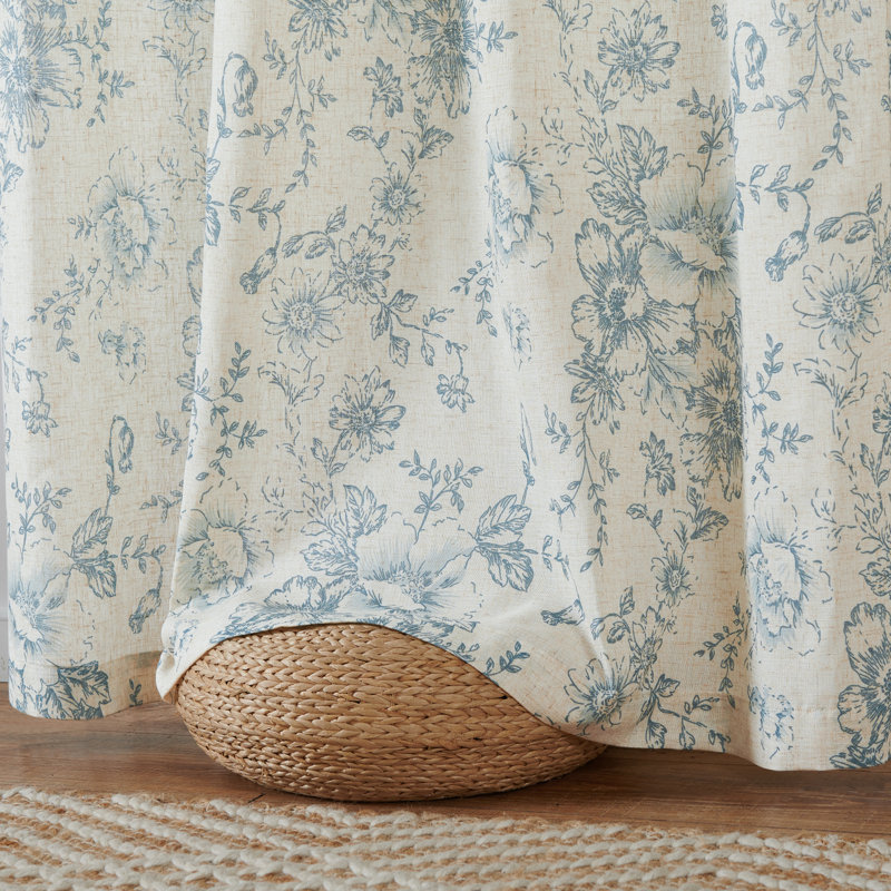 Neacsa Linen Semi Sheer Peony Flower Patterned Rod Pocket Curtain Pair, Blue, 50" W x 63" L