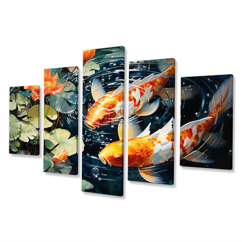  «Japon jaune et rouge doré Koi III - reproduction d'art sur toile japonaise - 5 panneaux