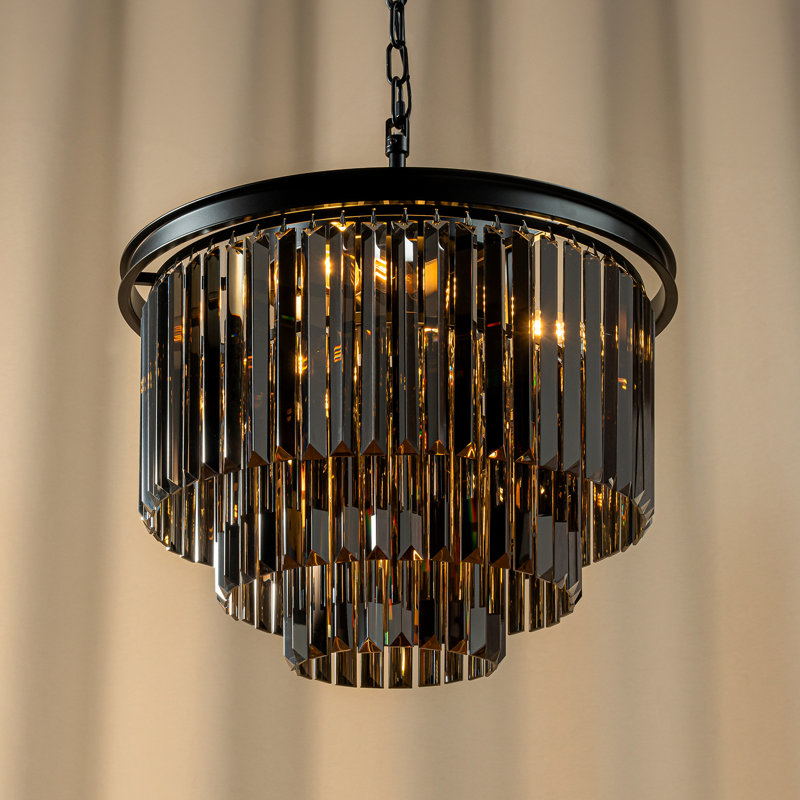 6-Lights Modern 3-Tier Round Fringe Crystal Chandelier, Black