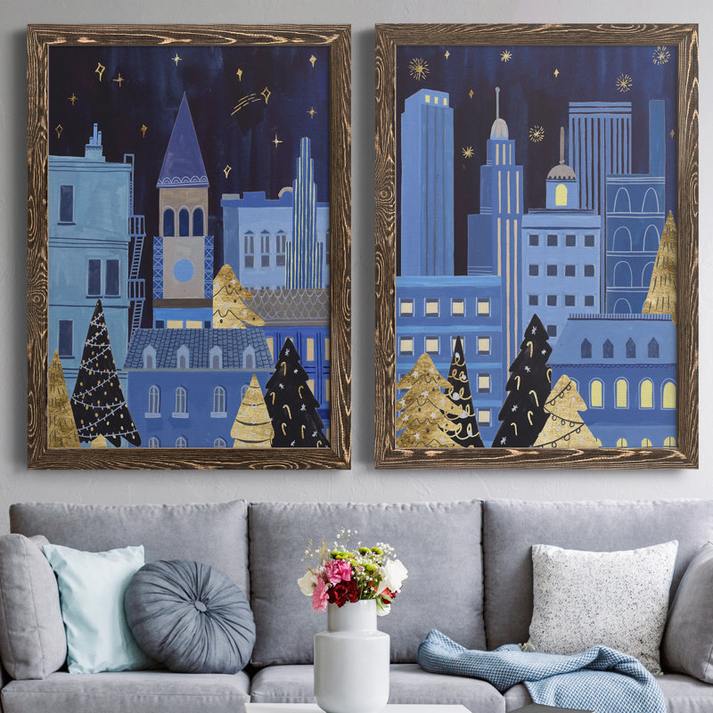 Holiday Night II - ensemble de 2 reproductions d'art sur toile, H 31,5 po x l 47 po x P 1,5 po, Toile avec cadre en noyer