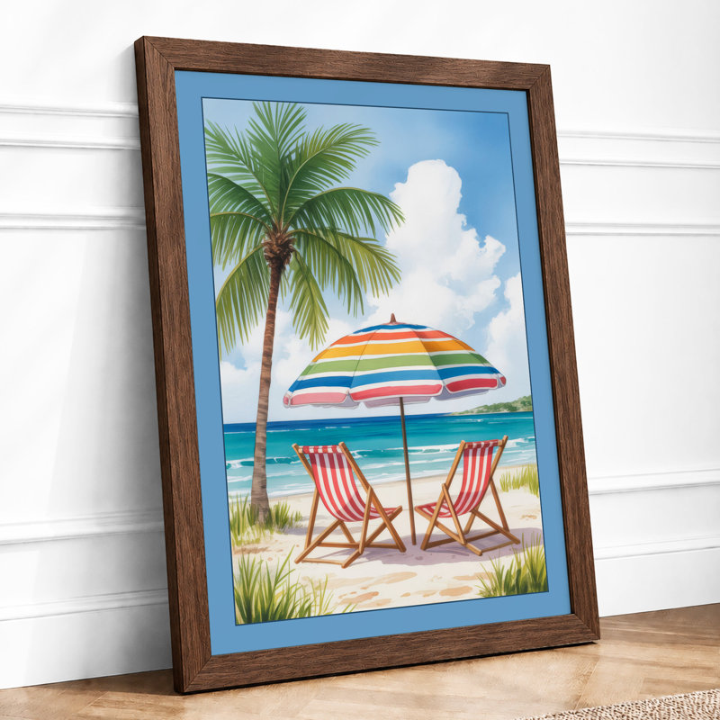 Deck Chairs Under Rainbow Coastal - Framed Print, Walnut, A1 - 84.1 x 59.4 cm