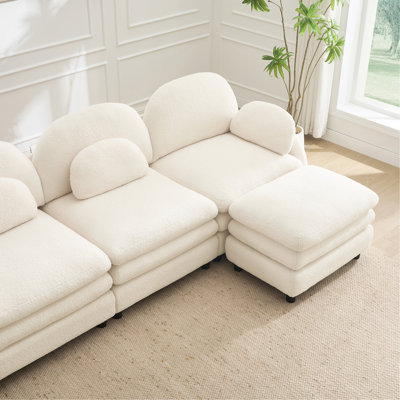 Teddy Fabric Sofa Cloud-like Loveseat Sofa,Curved Backrest and Armrest with Curved Lumbar Pillows,Sectional 2 Seater Modular Couch with Movable Ottoman and Supportive Double-layer cushion ,Beige Whit