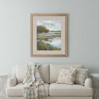 «Riverside View Watercolor Waterscape», art mural encadré