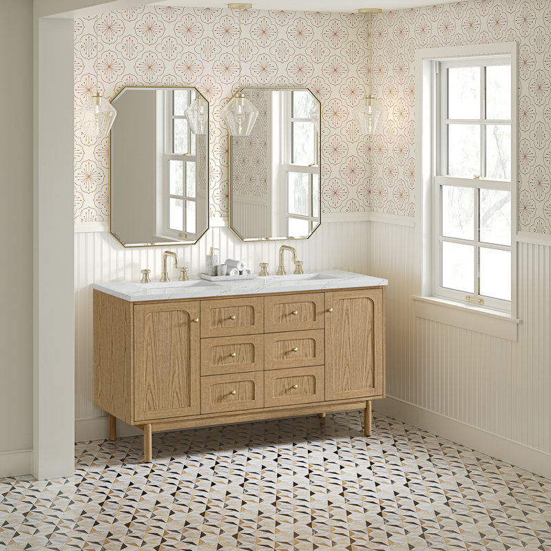 Laurent Freestanding Standard Free Standing Single Double Vanity Bathroom Vanity With Top, Light Natural Oak, Ethereal Noctis
