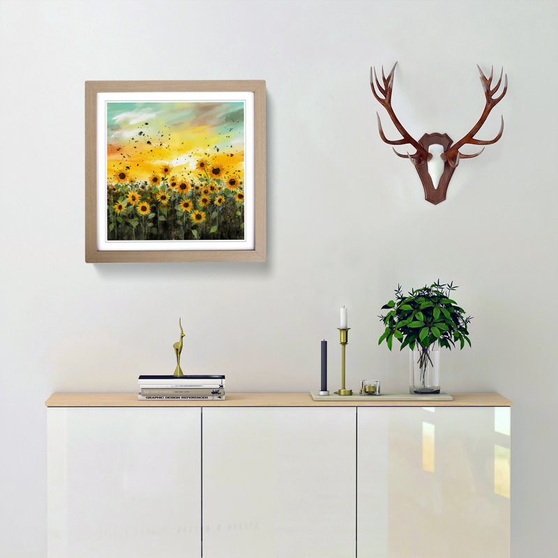 Sunflower Field Splatter Art - Framed Print, Oak