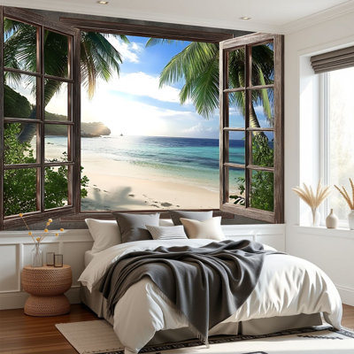 Wall Mural Peel and Stick Wallpaper Window Beach Sunset Ocean Landscape Palm Tree Tropical Coastal Scenery Self-Adhesive Removable Contact Paper Wall Decor for Living Room Bedroom 69"H x 96"W