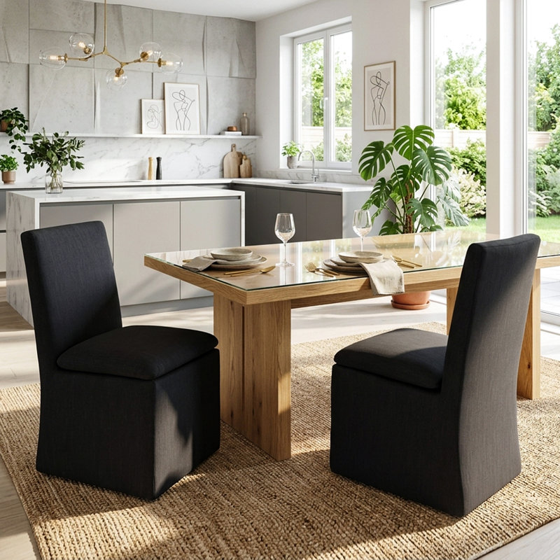 Keaton 21" Wide Modern No Assembly Upholstered Linen Side Dining Chair with Casters, Black