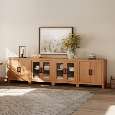 126" Extra Large Sideboard Buffet Cabinet, Farmhouse Kitchen Storage Cabinet With Glass Doors And Adjustable Shelves, Modern Wood Coffee Bar Table For Dining Room, Living Room,Mocha