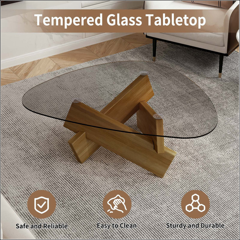 Table basse moderne en verre avec base en noyer et conception à profil bas, H 12 po x l 32,3 po x P 23 po, Noir / Noyer