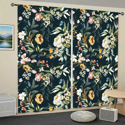 2Pcs Vintage Floral Print Curtains, Double Layered Fabric, Elegant Botanical Design, Light Filtering and Privacy Protection Drapes, Rod Pocket for Living Room, Bedroom, Balcony Home Decor