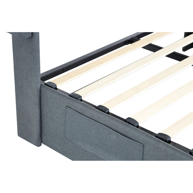 Queen Size Bed With Practical Storage - Dark Gray, Elegant Finish Modern Wingback Headboard, Ports, Queen