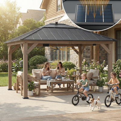 Sunjoy 11’ x 13’ Grayden Wood Gazebo, Outdoor Patio Solar Powered Hardtop Gazebo with One-Tier Metal Roof, LED Light and Ceiling Hook