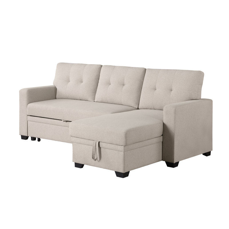Upholstered Pull Out Sectional Sofa With Chaise, Beige Linen