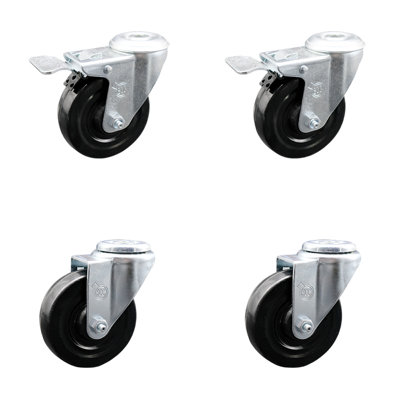 4 Inch Hard Rubber Wheel Swivel Bolt Hole Caster Set with 2 Total Lock Brake SCC