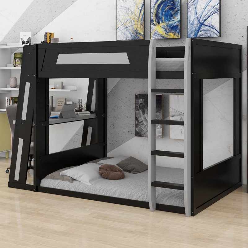 Wooden Gaming Bunk Bed With Desk,Two Storage Shelves,USB And LED Light, Black/Gray