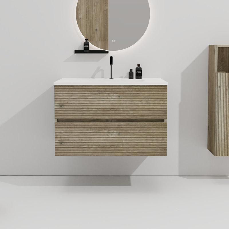 Meuble-lavabo mural en chêne brut et chêne brut de 30 po avec évier intégré en céramique avec trop-plein Gloria