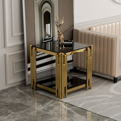 Cidalina 19.7'' W x 21.7" H 2-Tier Square Clear Tempered Glass Top End Table, Deluxe Gold Stainless Legs Side Table