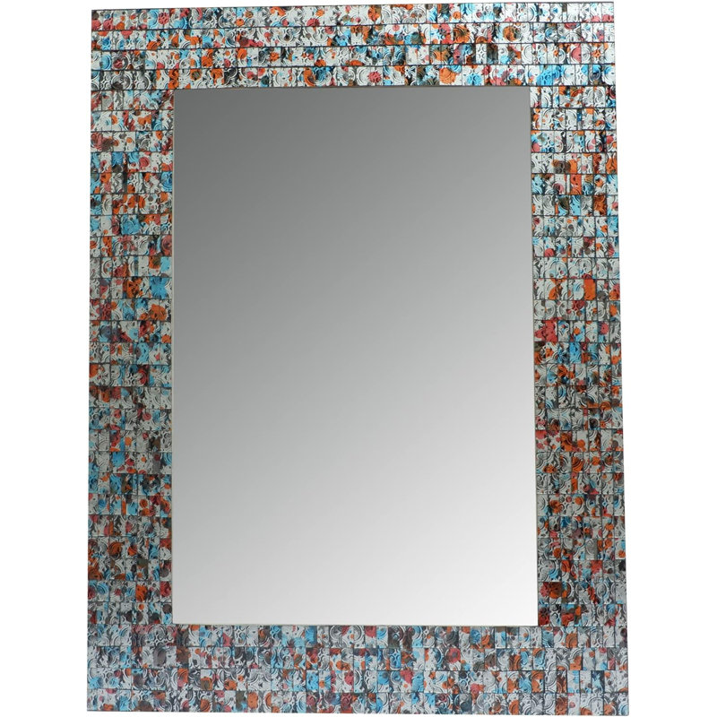 Zorigs Mirror Wall Art Décor – Handcrafted Decorative Wall Mirror, Silver, Sharpie Blue, and Tan Mosaic Mirror, 32” x 24” Rectangle Mirror for Hallway, Bedroom, Bathroom, Living Room