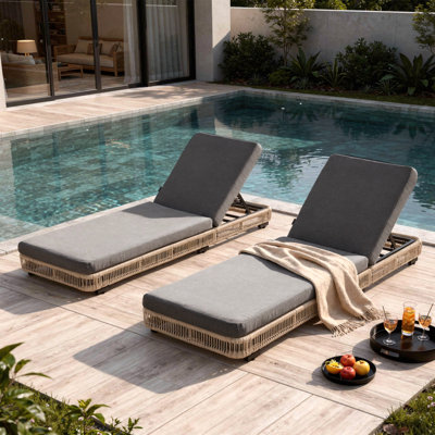 Ensemble de 2 chaises longues réglables près de la piscine avec corde tissée, coussin épais et structure en fer robuste pour la détente à la piscine, à la plage ou sur le patio Presley