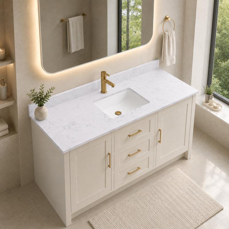 Dessus de meuble-lavabo en quartz 60 po avec lavabo encastré et dosseret en céramique
