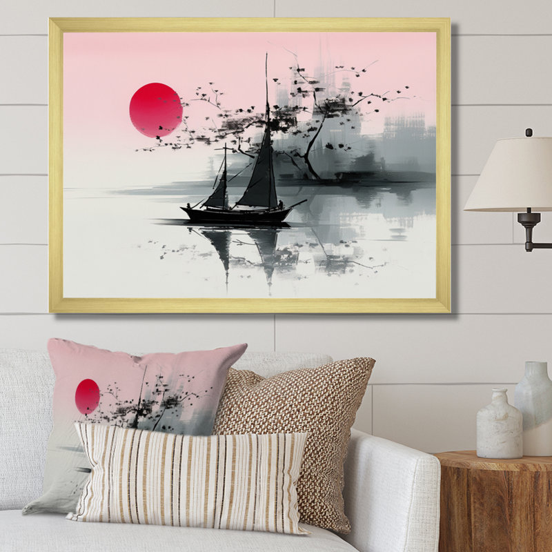 Art asiatique, voilier Sumi I - impression, Encadrement doré, H 16 po x l 32 po x P 1 po