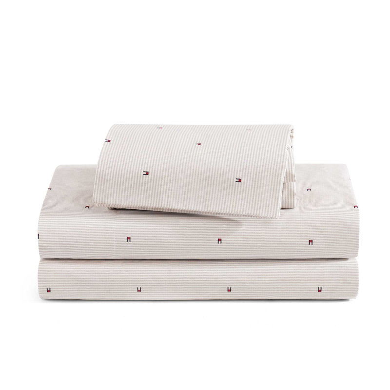 Tommy Hilfiger Printed Percale Cotton Sheet Set, Twin XL Sheet Set with 1 Pillowcase, Beige