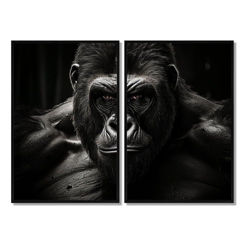 «Black and White Gorilla Majestic II», ensemble d'art mural sur toile noire, 36" H x 48" W, Impression encadrée flottante