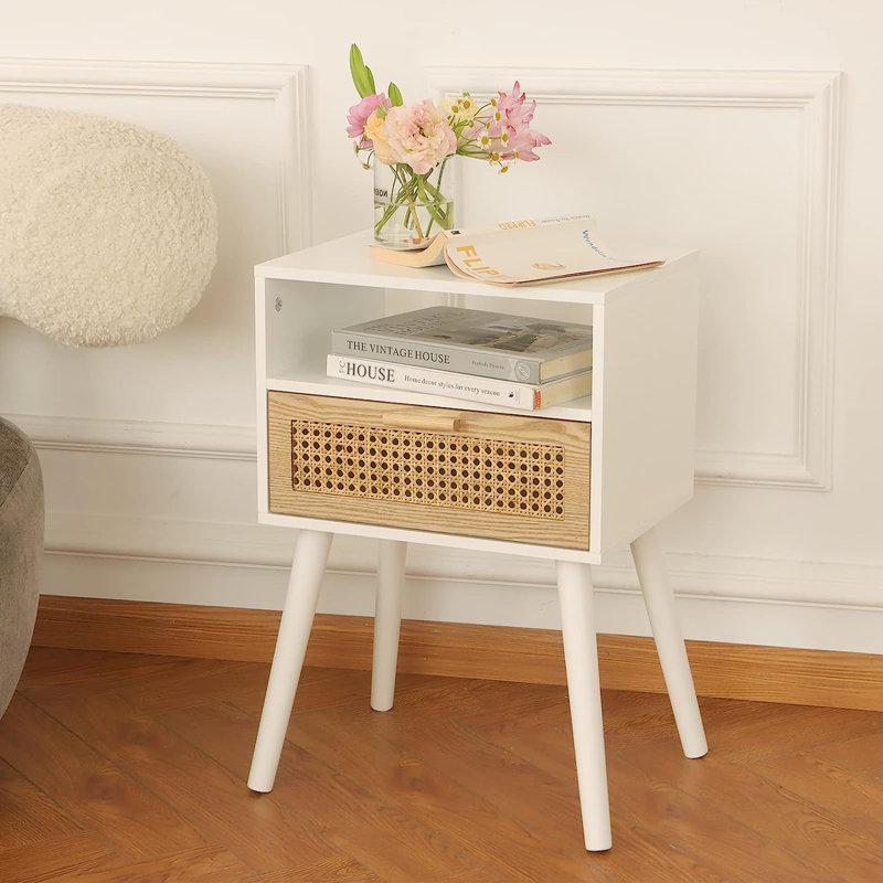 Table de chevet en bois manufacturé Ardine, Blanc / Chêne de Sonoma