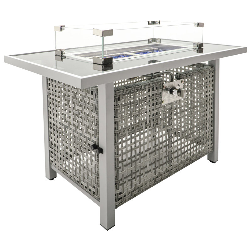 60000 Rectangular Propane Fire Pit Table, 43" Open Weave Design, With Tempered Glass Wind Guard, Bohemian Style For Outdoor Patio And Garden Use 43 Inch , In Grey, Stone Decoration