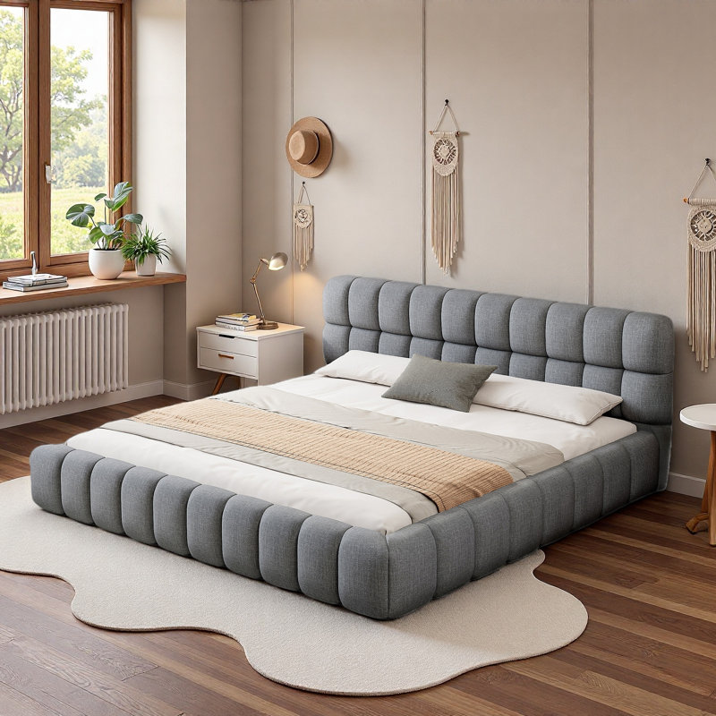 Lit plateforme tapissier avec coutures et soutien solide, Gris