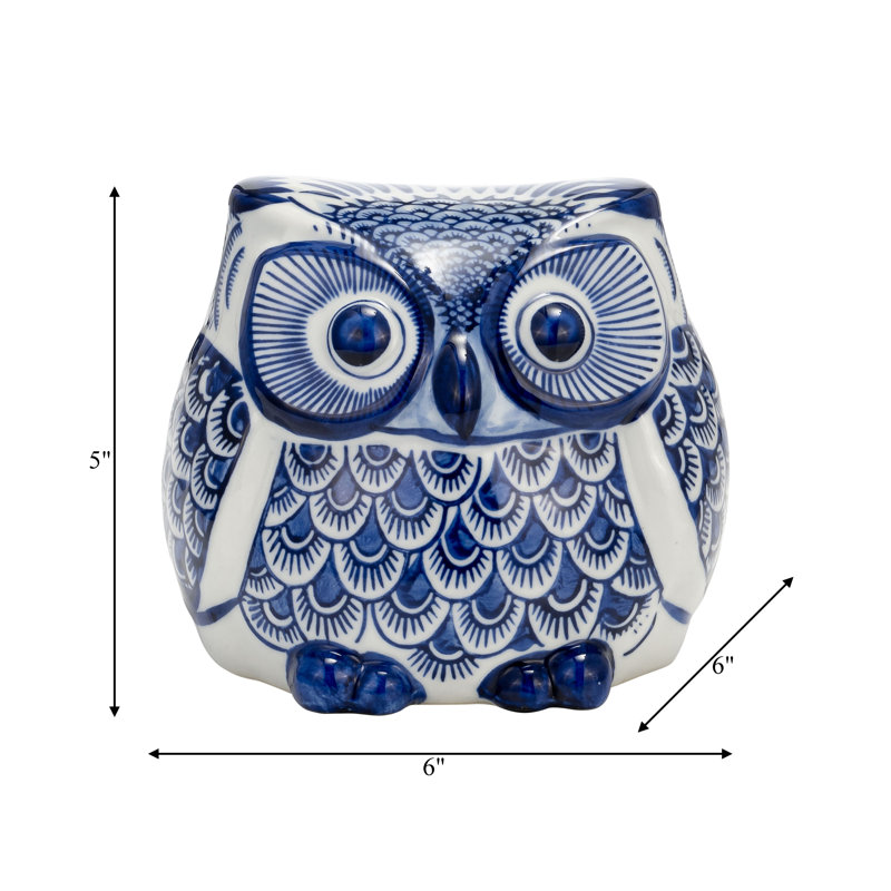 Caleta Stoneware Ceramic Owl Figurine with Intricate Hand-Painted Detailing, 5" H x 6" W x 6" D