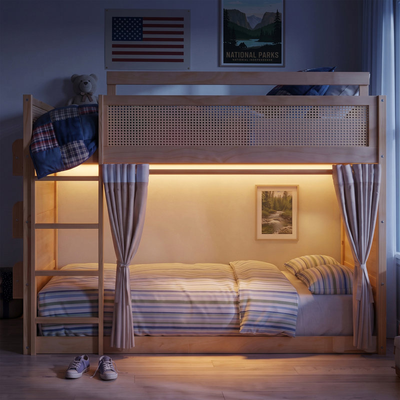 Lit superposé double avec tablette de rangement à 3 niveaux, décoration en rotin, rideaux d'intimité et éclairage, cadre en bois, naturel