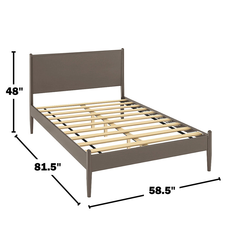 Lit plateforme moderne en bois gris Mid-Century pleine grandeur avec pieds fuselés ronds, ensemble de lattes et lit de sommier sans sommier, conception construite résolument, requise