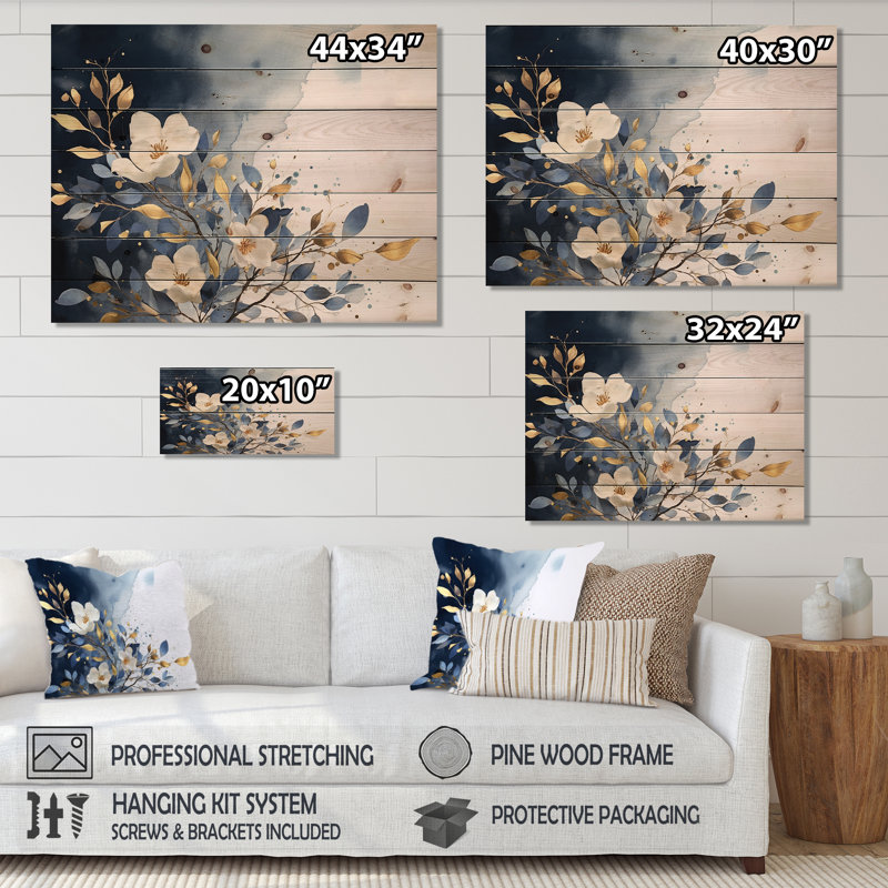 Lilas blanc et bleu sur fond de bois, H 24 po x l 32 po x P 0,78 po
