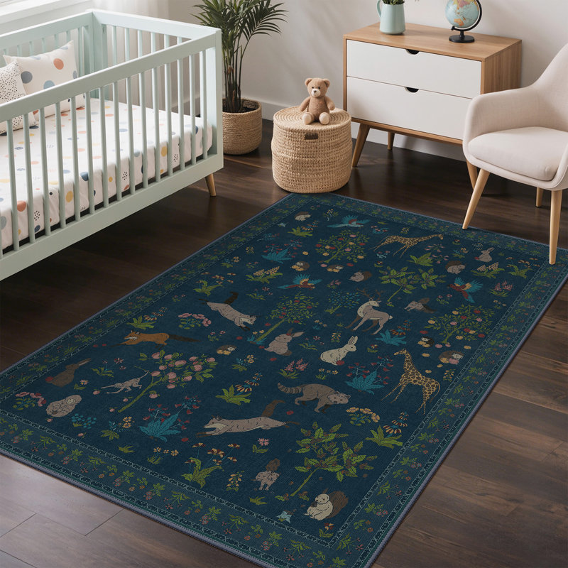 Tapis à imprimé floral et animal Alcoa, Bleu minuit, Rectangulaire 8 pi x 10 pi