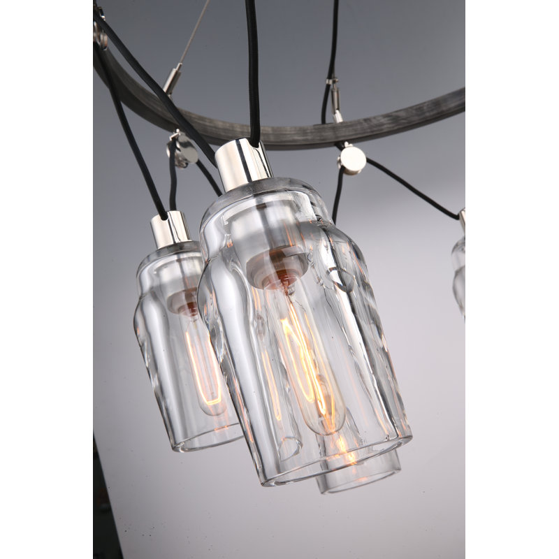 Graphite and Polished Nickel 6-Light Wagon Wheel Chandelier with Clear Glass Shades