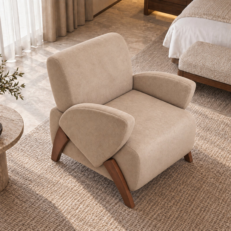 Fauteuil d'appoint moderne et compact en velours, avec accoudoirs incurvés et pieds en bouleau massif, idéal pour le salon, le bureau ou la pièce à vivre.