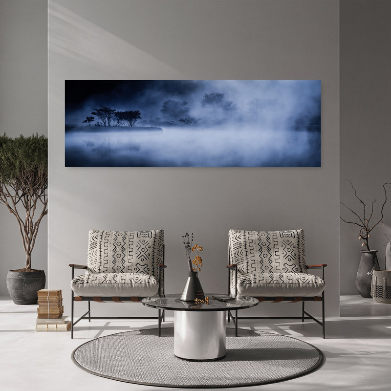 «Misty Blue Lake Ethereal Peaceful Serene Forest Landscape», art mural, H 60 po x l 20 po