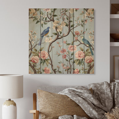Minimalisme, oiseau sur fleurs IV sur bois