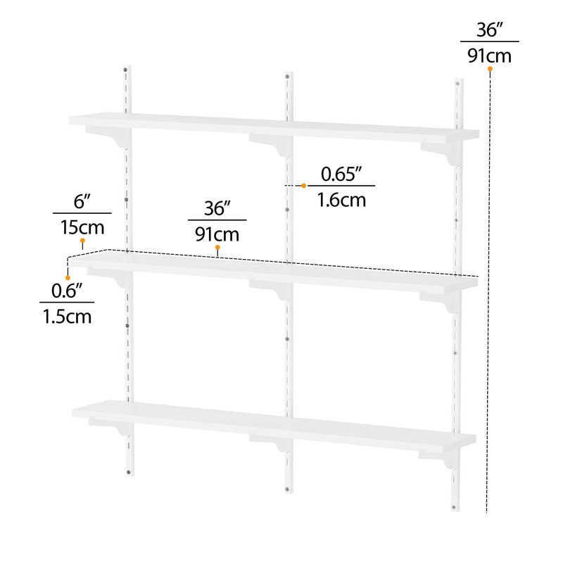 Height Adjustable Wall Shelf with 36'' Long x 6'' Deep White Board and 3 Tier White Bracket Set