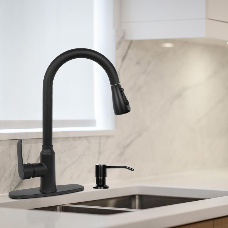 Matte Black Stainless Steel Pull-Down Kitchen Faucet with Soap Dispenser