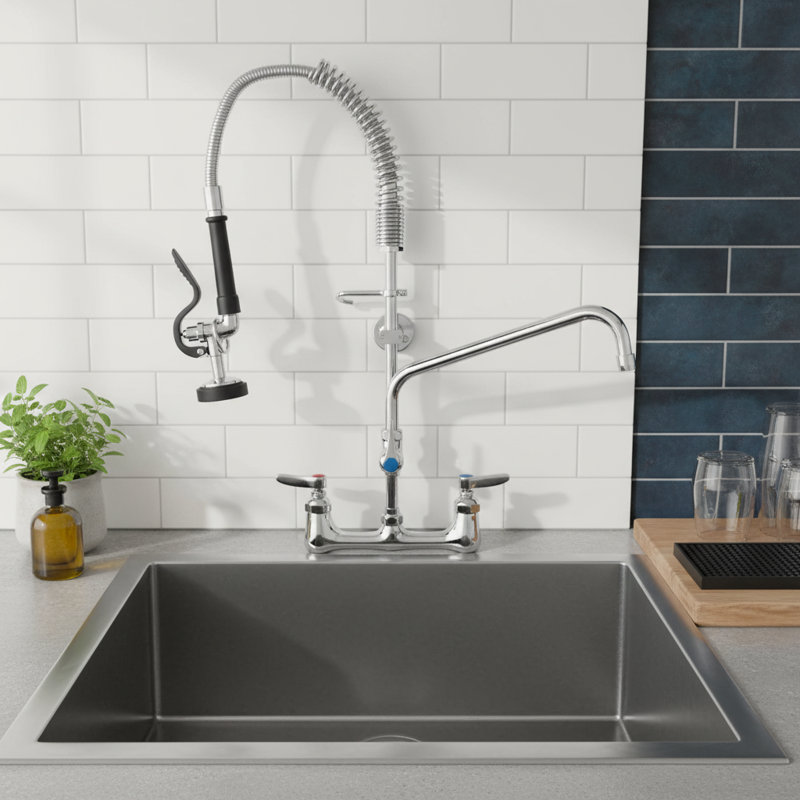 Commercial Faucet With Pre-Rinse Drop-Down Spray Head, 8-Inch Center Distance, 12-Inch Spout For More Efficient Cleaning.