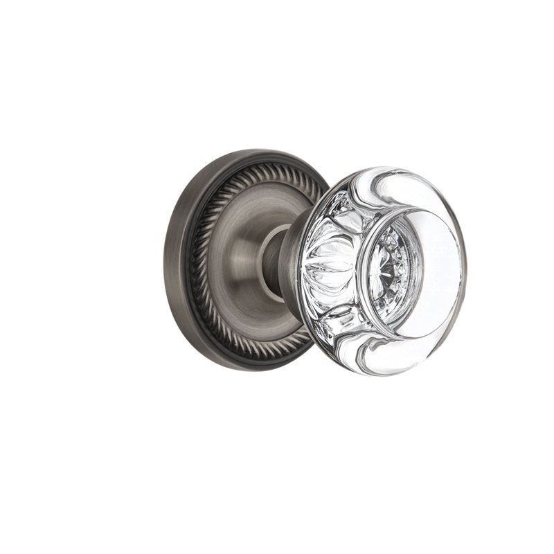 Rosette en corde avec poignée de porte ronde en cristal transparent, Étain antique, 2 3/8 po
