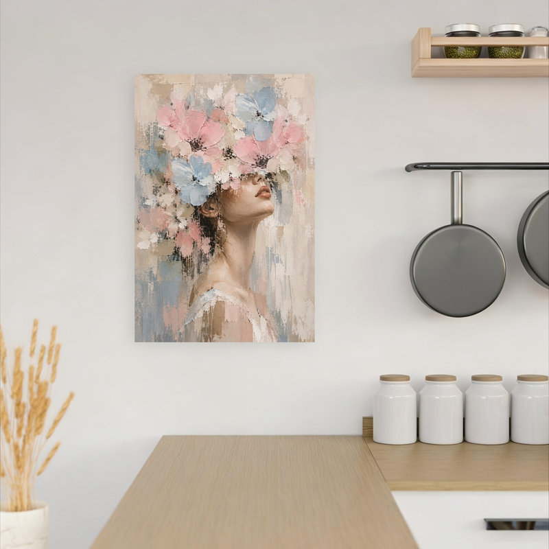 Femme rêveuse aux fleurs - Portrait abstrait contemporain - Affiche murale florale, H 18 po x l 12 po